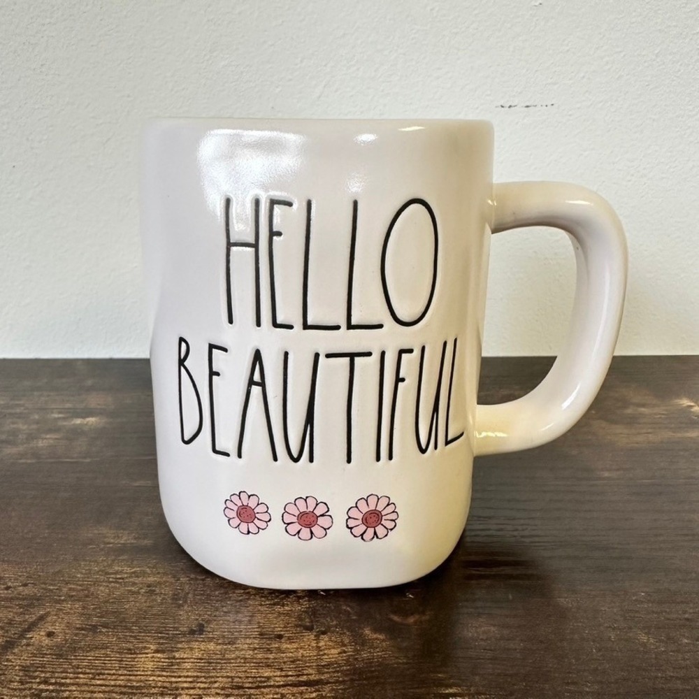 Rae Dunn Hello‎ Beautiful Coffee Mug White Pink Floral Daisy Ceramic Farmhouse